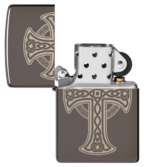 Zippo Laser Engraved Celtic Cross Design Black Ice Pocket Lighter