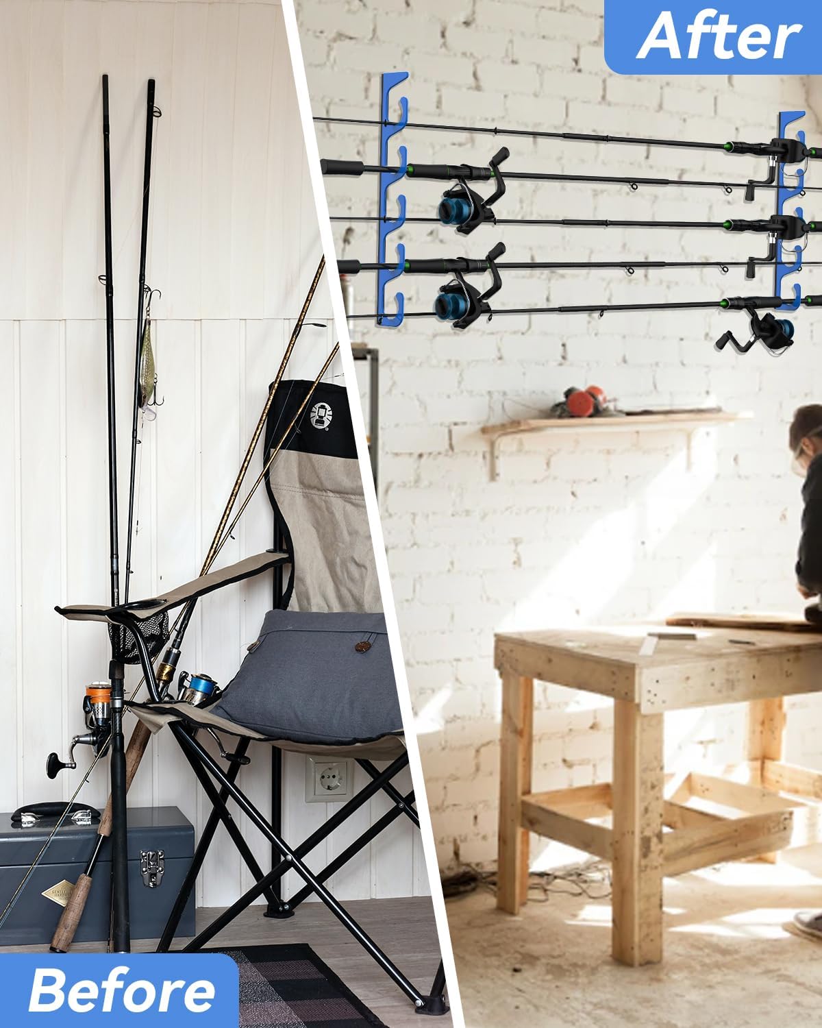 Fishing Pole Holders - 10-Rod Wall Storage Rack for Garage | Fits Most Fishing Rods