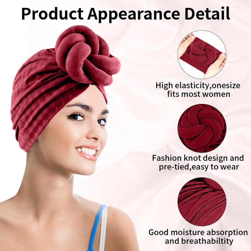 LVBGQVL Women Turbans and Head Wraps, Women African Turban Flower Knot Pre-Tied Bonnet Beanie Cap Headwrap Wine Red