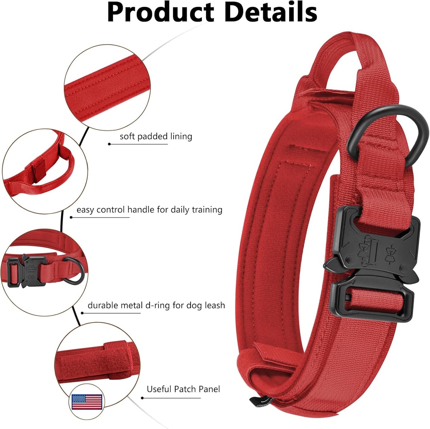 Tactical Dog Collar - Adjustable Military Nylon with Control Handle & Heavy Metal Buckle | Red, XL for Medium & Large Dogs