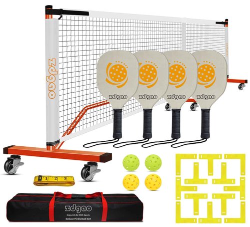 Portable Pickleball Net with Wheels and Pickleball Paddles of 4, 22FT Pickleball Net Outdoor Pickle Balls, Court Marking Kit, and Carrying Bag for Family, Home