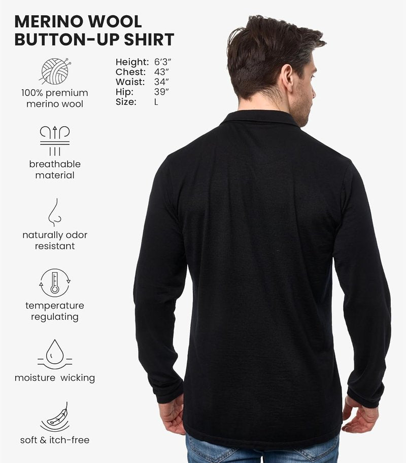 Merino Wool Shirts for Men - Lightweight Breathable Button-Up in Long & Short Sleeve Options