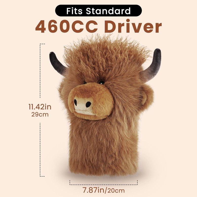 Curly-haired Highland Cow Driver Headcover Funny, Soft Cozy Plush Animal Golf Driver Head Cover Brown