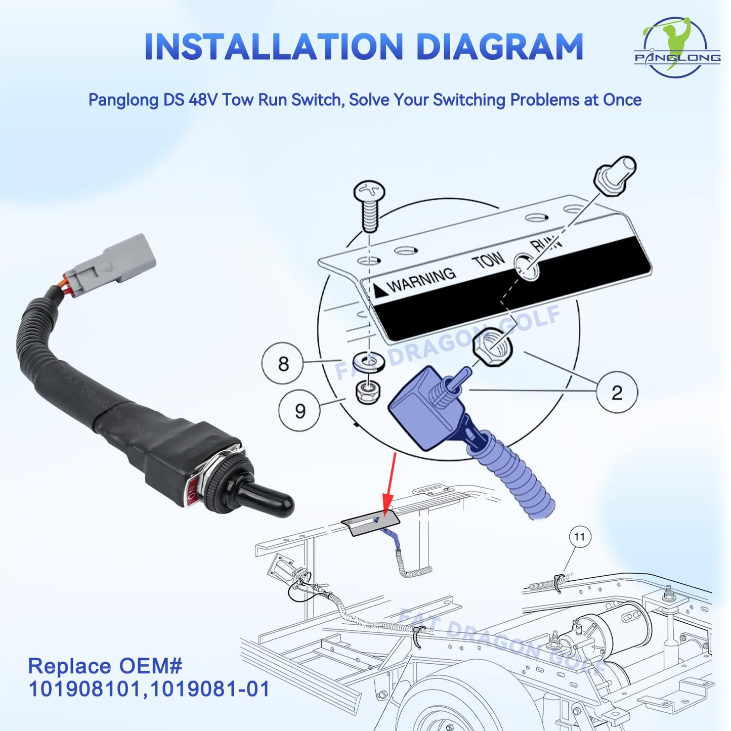 Panglong Golf Cart 48V Tow Run Switch, Include Switch and Harness, Suitable for 1995-UP 48V Club Car DS Electric Golf Cart, OEM Refer #101908101,1019081-01