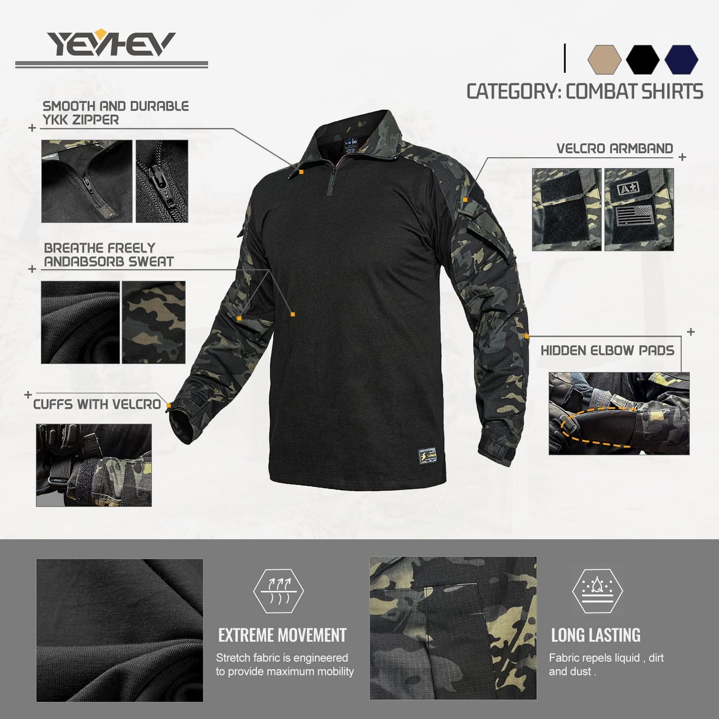 YEVHEVE G3 Camouflage Shirt with Elbow Pads for Men Tactical Hunting Uniform Paintball Gear