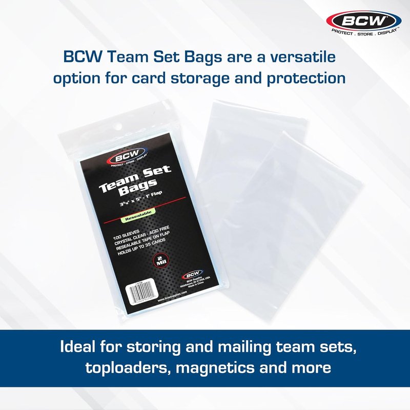 BCW Resealable Team Set Bags - 200 Count | Acid-Free Trading Card Holders for 35 Loose Cards or 5 Standard Toploaders