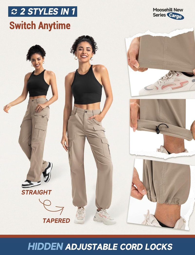 Women's Cargo Hiking Pants - High-Waisted, Wide Leg, Water-Resistant, Lightweight Stretch | Perfect for Work & Outdoor Activities