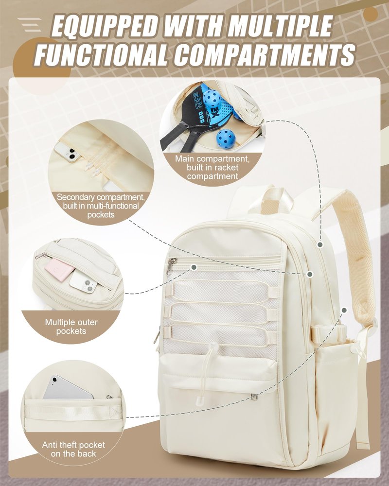 Pickleball Bag, Pickleball Backpack for Women and Men, Paddle Bag Fits 4 Paddles Accessories, Tennis Racket Bags Pickle Ball Backpack Gifts for Sport Lovers, Beige
