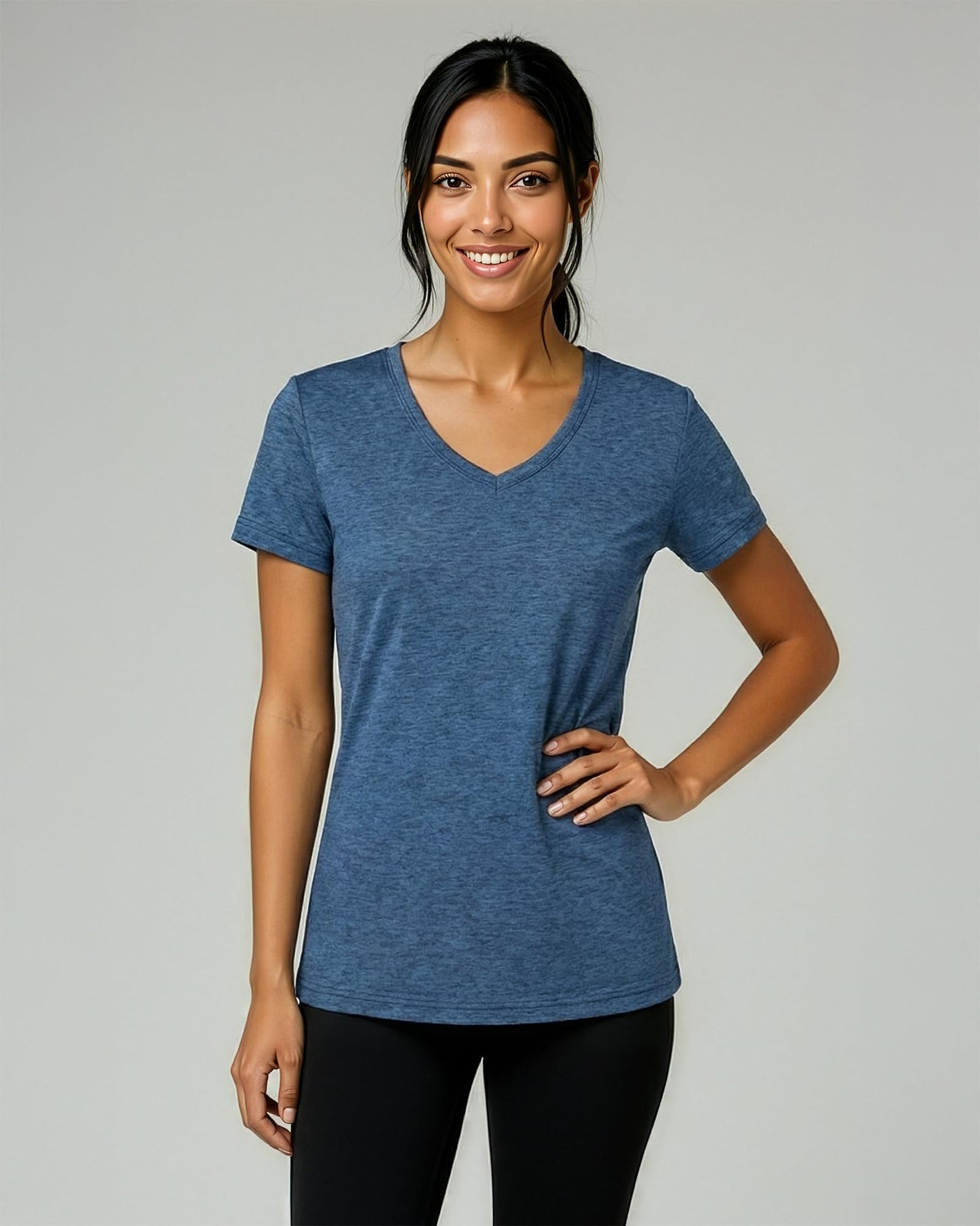 Real Essentials 5 Pack: Women's Dry-Fit Short Sleeve V Neck T Shirt Workout Fitness Yoga Top Tee, Set 8, L