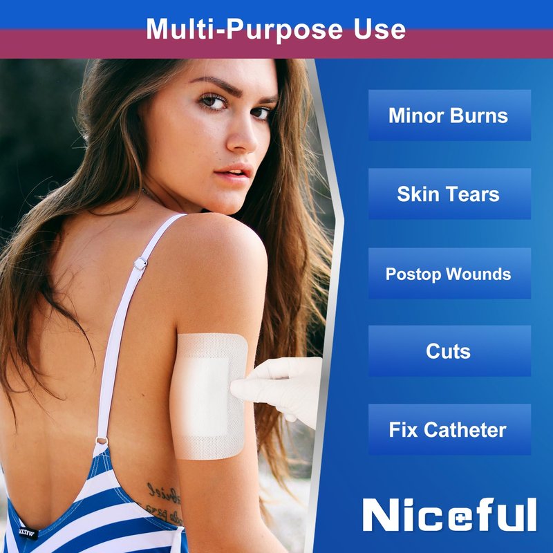 Niceful 50 Count Adhesive Gauze Island Dressing 4" x 4", Water-Resistant Wound Dressing Bandages, Sterile & Absorbent Medical Grade Adhesive Pads, First Aid Pads FSA Eligible