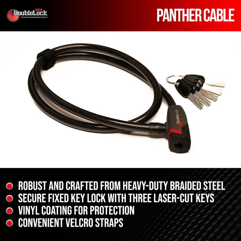 DoubleLock Panther Cable Lock – Heavy-Duty Braided Steel Cable with Fixed Key Lock and Vinyl Coating – Includes 3 Keys – Ideal for Bikes, E-Bikes & Small Equipment