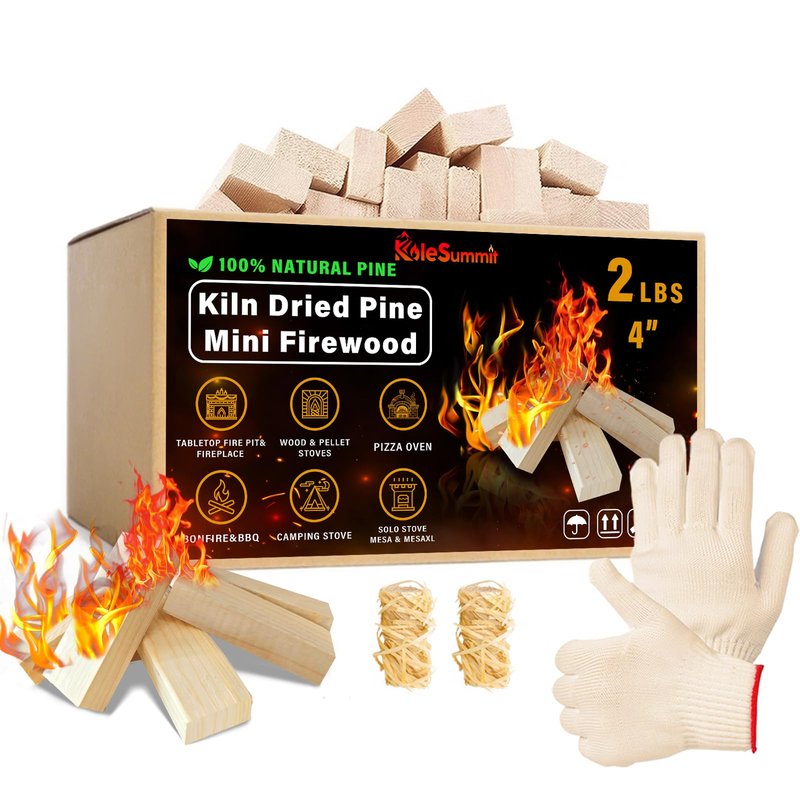 KoleSummit Mini Firewood 4" Kiln Dried Fire Pit Wood for Solo Stove Accessories, Camp Stoves, Tabletop Pits, BBQ Grills & Pizza Ovens 2 lb Box with Fire Starters & Handling Gloves