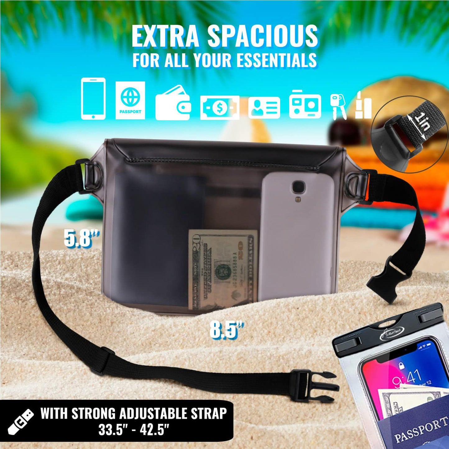 AiRunTech Waterproof Fanny Pack,Waterproof Phone Pouch for iPhone 15 14 13 12 11 Pro Max,IPX8 Waterproof Dry Bag for Snorkeling Beach Cruise Kayaking Pool Swimming(Phone Case + Waist Bag 2-Piece Set)