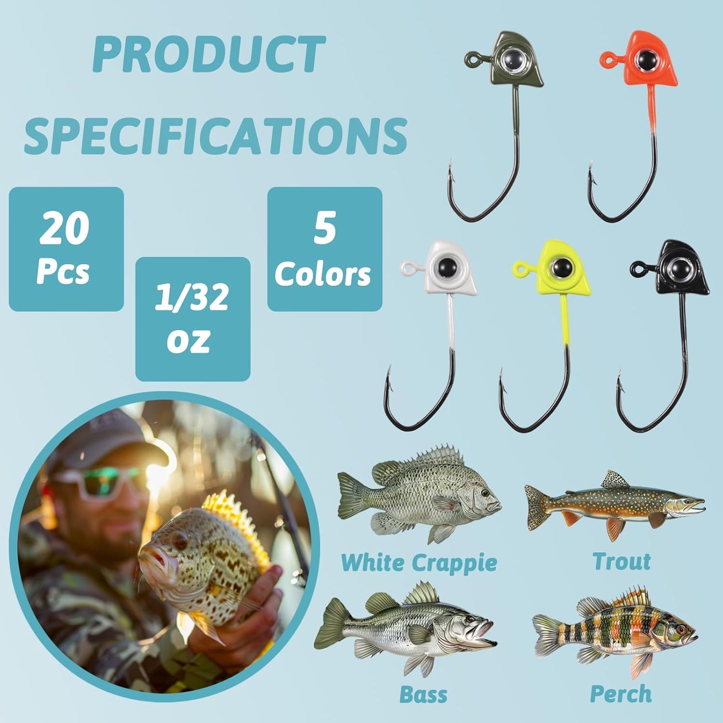 Crappie Jigs - 20 Pack Fishing Jig Heads with 3D Eyes | 1/32 oz, 1/16 oz, 1/8 oz for Panfish, Bluegill, Sunfish, Walleye