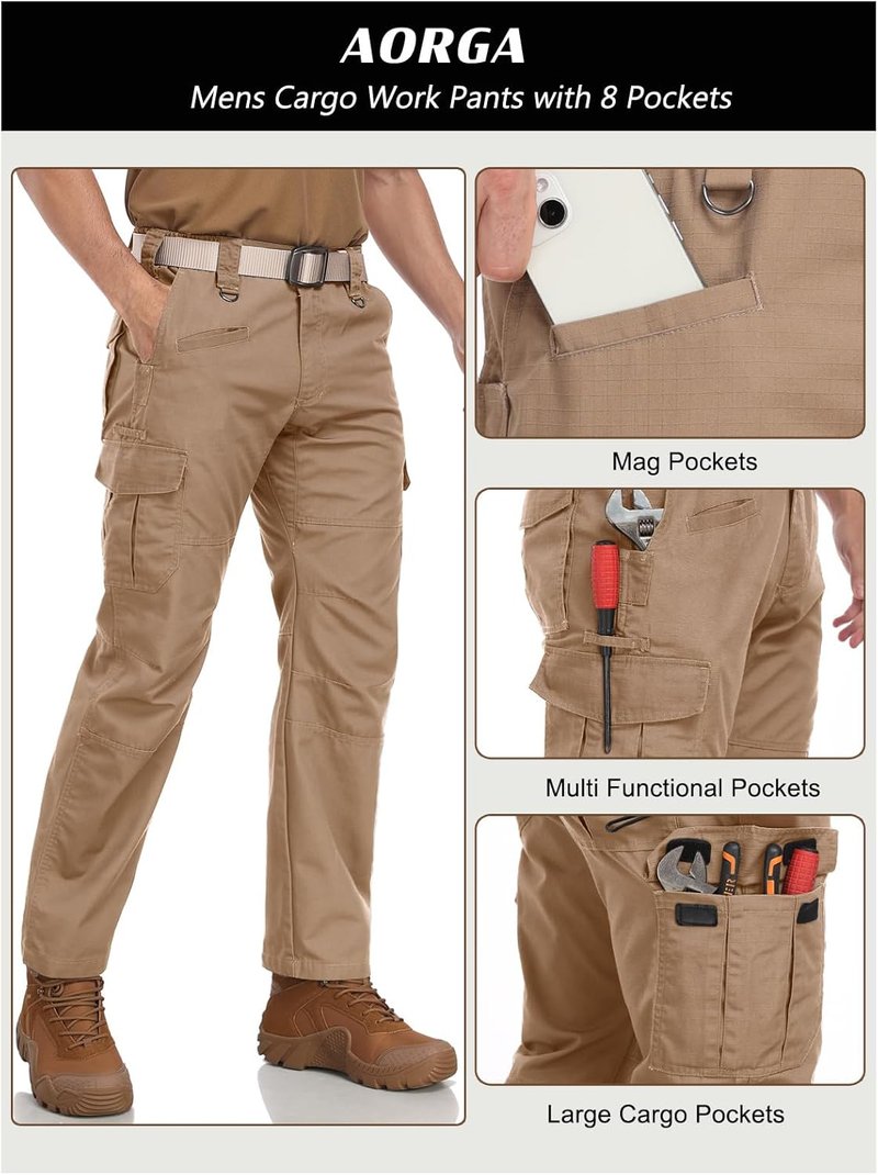 Men's Tactical Cargo Pants - Water Resistant, Breathable, Elastic Waist | 8 Pockets for Outdoor Use