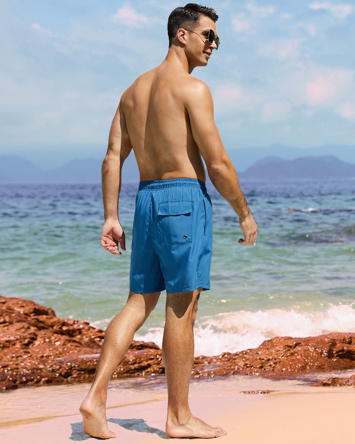 SILKWORLD Mens Swim Trunks Quick-Dry Bathing Suit Shorts, Blue, Large
