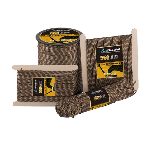 FISHLUND Paracord 550 lb, 7 Strand Type III Paracord Rope 50ft 4mm, High Strength Nylon Parachute Cord for Camping, Survival, Tactical and Hiking, Forest Camo