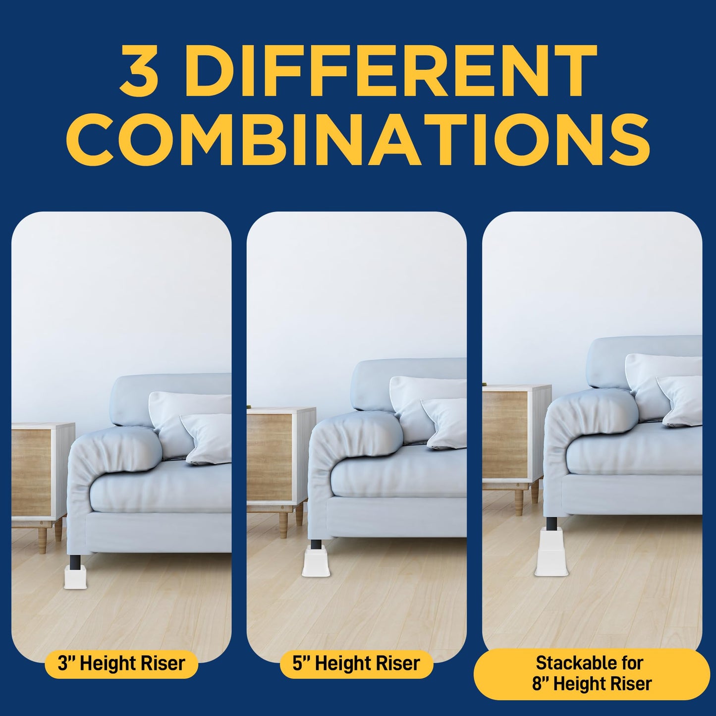 LifeMaster 16pcs Adjustable Bed Risers - 3.5 inch Heavy Duty Furniture Lifts for Sofa, Couch - Creates Under Bed Storage, Sup Ports 1300 lbs - Compatible with Most Furniture - White
