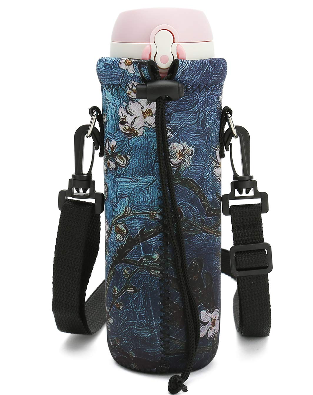 RICHEN Neoprene Water Bottle Carrier Bag with Adjustable Shoulder Strap,Insulated Water Bottle Cover for 750ml/24oz Stainless Steel/Glass/Plastic Bottles (Blue Butterflies,750ML)