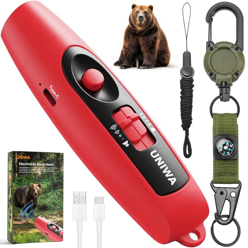 UNIWA Electronic Air Bear Horn, 120±5 dB Loud Air Horn for Safety Hiking Camping Emergency Whistle with Compass & Retractable Hook, Bear Horn to Scare Bears - Self Defense for Hiking -Red