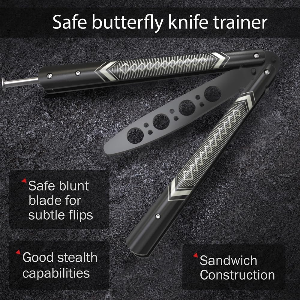 Butterfly Trainer - Practice Balisong - Butterfly Knives NOT Real NOT Sharp Blade - Cool Design - Black Dull Trick - Butter Fly Training - CSGO Fidget Toy - Gift for Husband, Father, Son, Teens K14B
