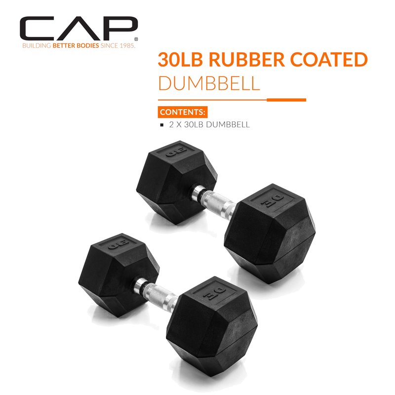 CAP Barbell 30 LB Rubber Coated Hex Dumbbell Hand Weight - Pair | Chrome Handle