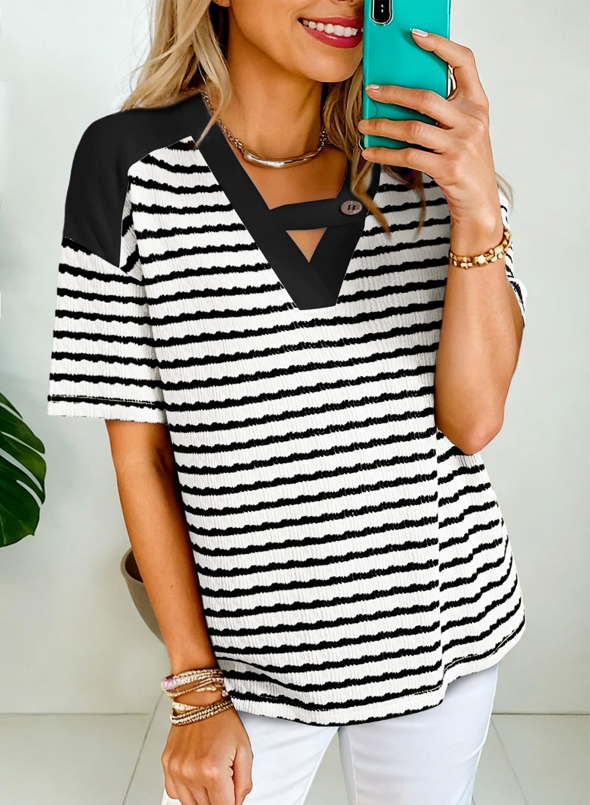 Dokotoo Summer Tops for Women Casual Short Sleeve Trendy T Shirts for Women Loose Fit V Neck Stirped Color Block Tees Top Spring Fashion Blouses Black Medium