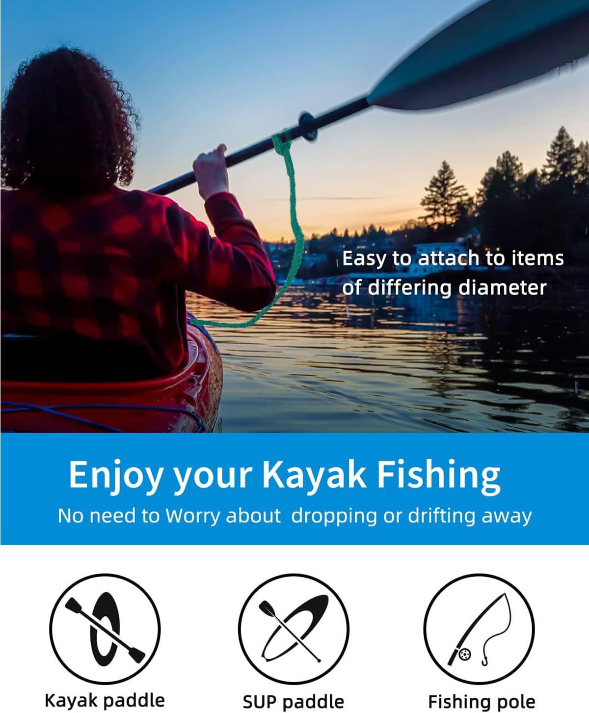 OCEANBROAD Kayak Paddle Leash with D-Ring Stretchable Bungee Strap Lanyard Rope for SUP Kayaking Boating Canoeing Fishing Pole Rod 4-7 Feet Teal 1 Pack