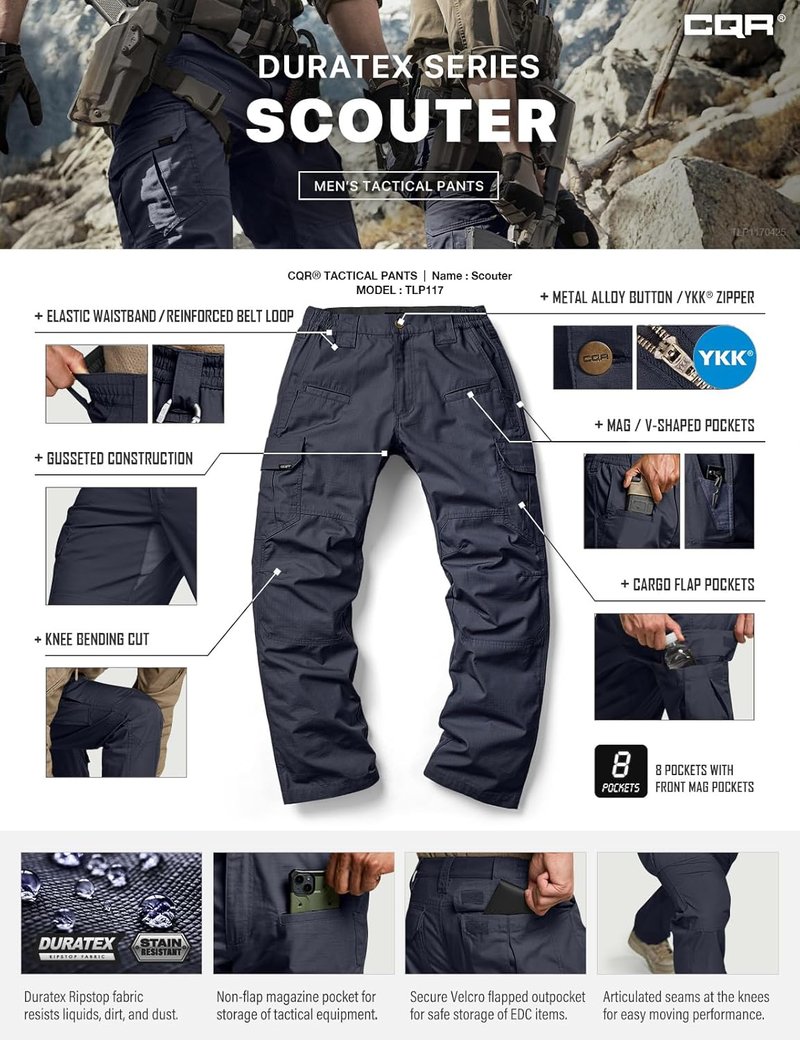 CQR Men's Tactical Pants - Water-Resistant Ripstop Cargo Design for Lightweight EDC Work & Hiking | Outdoor Apparel