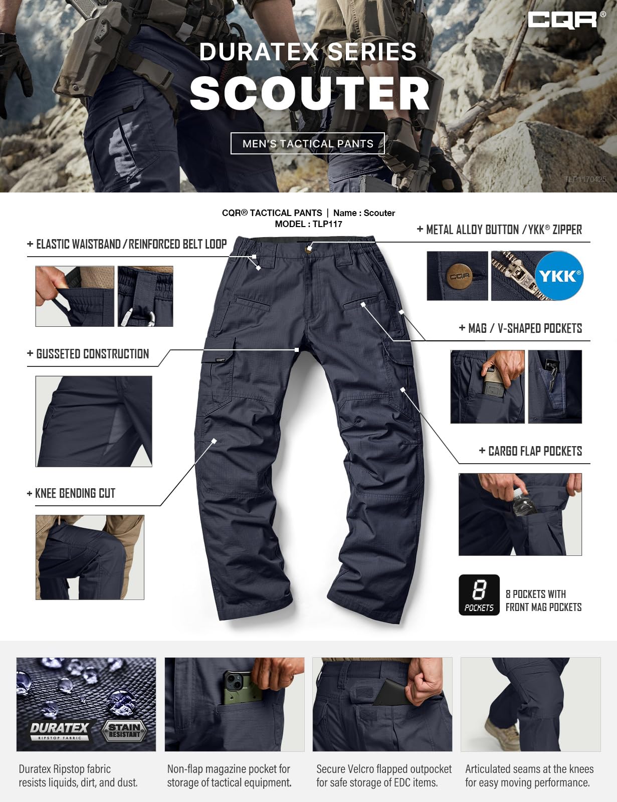 CQR Men's Tactical Pants, Water Resistant Ripstop Cargo Pants, Lightweight EDC Work Hiking Pants, Outdoor Apparel, Raider Police Navy, 34W x 32L