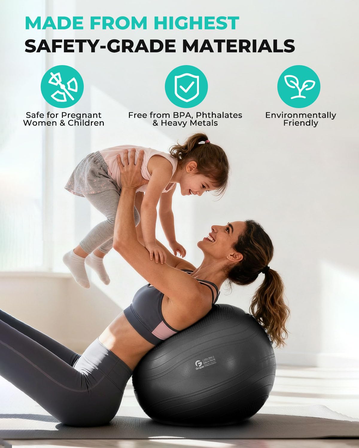 Gruper Yoga Ball, Extra Thick Exercise Ball for Workout Pregnancy Stability - 4 Sizes Anti Burst Balance Ball for Yoga, Pilates, Fitness, Birthing, Physical Therapy - Includes Pump