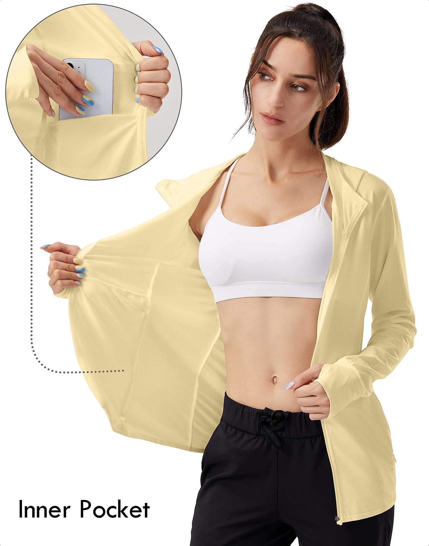Soothfeel Women's UPF 50+ Sun Protection Hoodie Jacket Lightweight Long Sleeve Sun Shirt for Women with Pocket Hiking Outdoor Light Yellow 3XL
