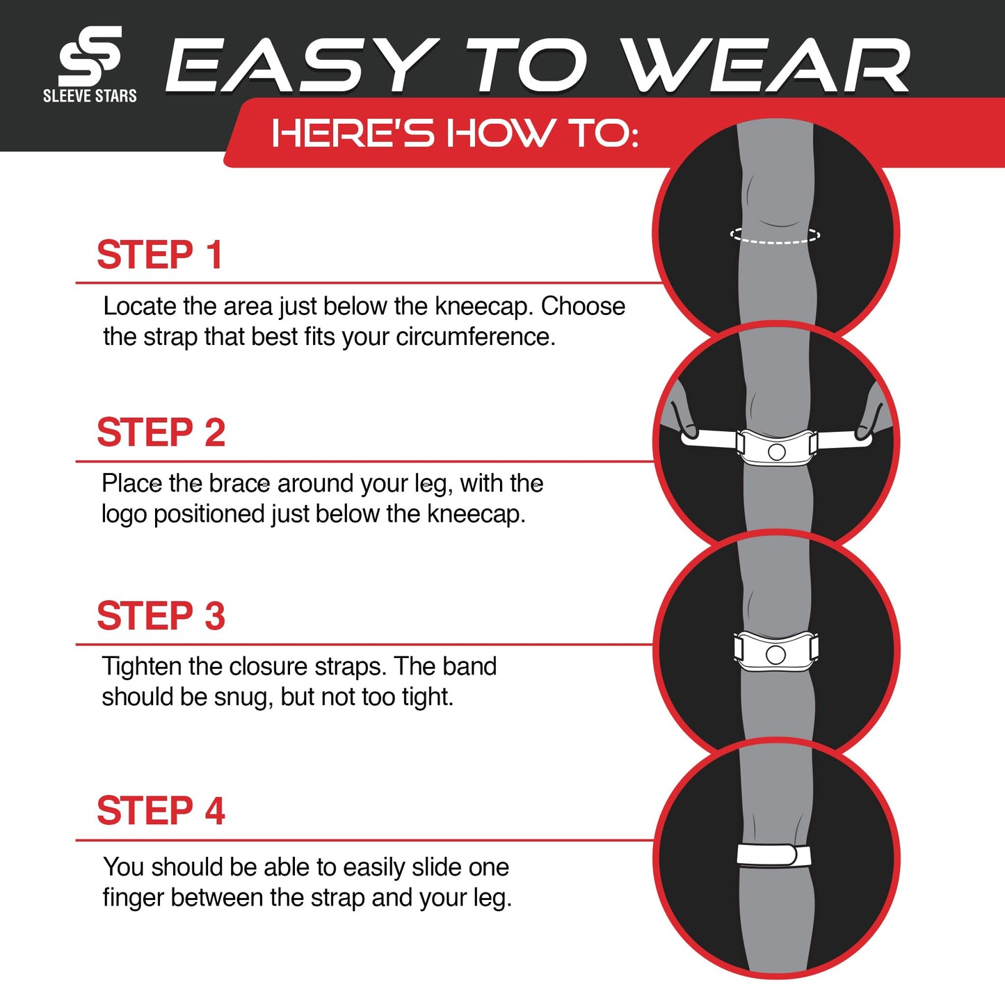 SS SLEEVE STARS Patellar Tendon Support Strap Swedish Brand for Women & Men Effective Osgood Schlatter Knee Brace Youth & Kids with 3 Adjustable Length fits 12"-24" (Pair/Black/Adult)