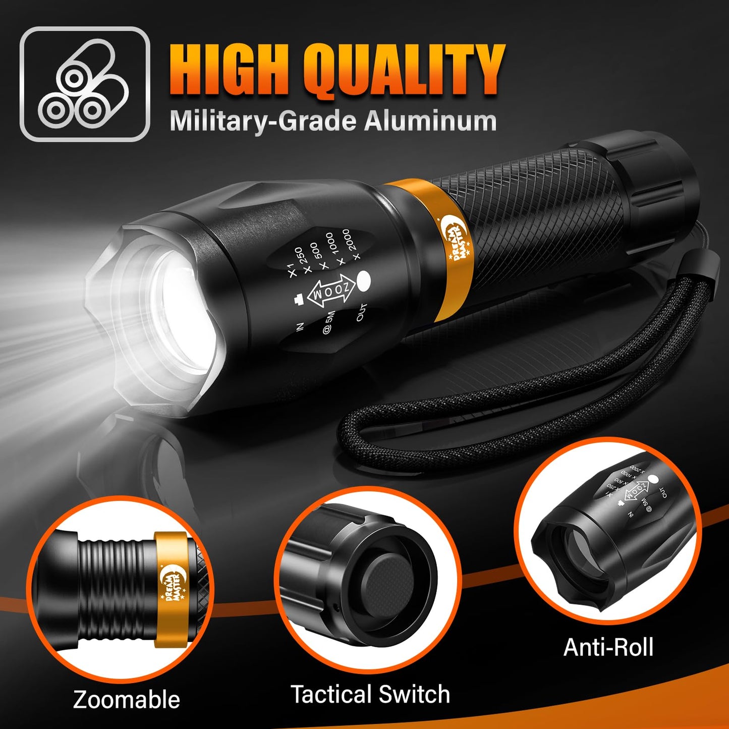 2 Pack LED Flashlights High Lumens with 6 AAA Batteries, 5 Modes Mini Waterproof Tactical Flashlight for Camping Hiking, Bright Flashlight with Zoomable, Fathers Day Gifts for Men Dad, Black & Orange