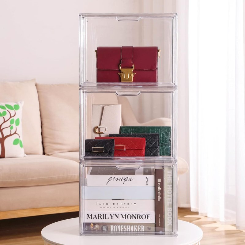 Clear Acrylic Handbag Organizer - 3-Piece Closet Storage Solution with Magnetic Door for Purses, Wallets & Cosmetics