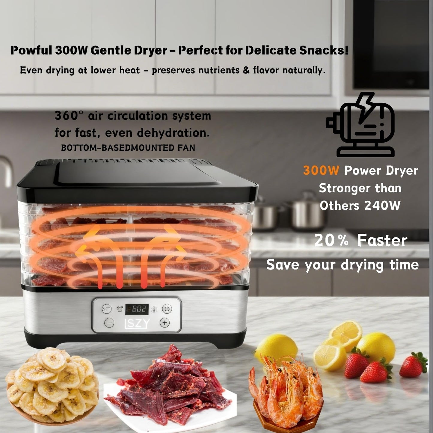 Food Dehydrator, Dehydrators for Jerky Beef Fruit, 300W 158 ℉ Temperature Control & 24H Timer Food Dryer with 5 BPA-Free Trays Fruit Dryer for Herb, Fruit, Dog Treats (Black)