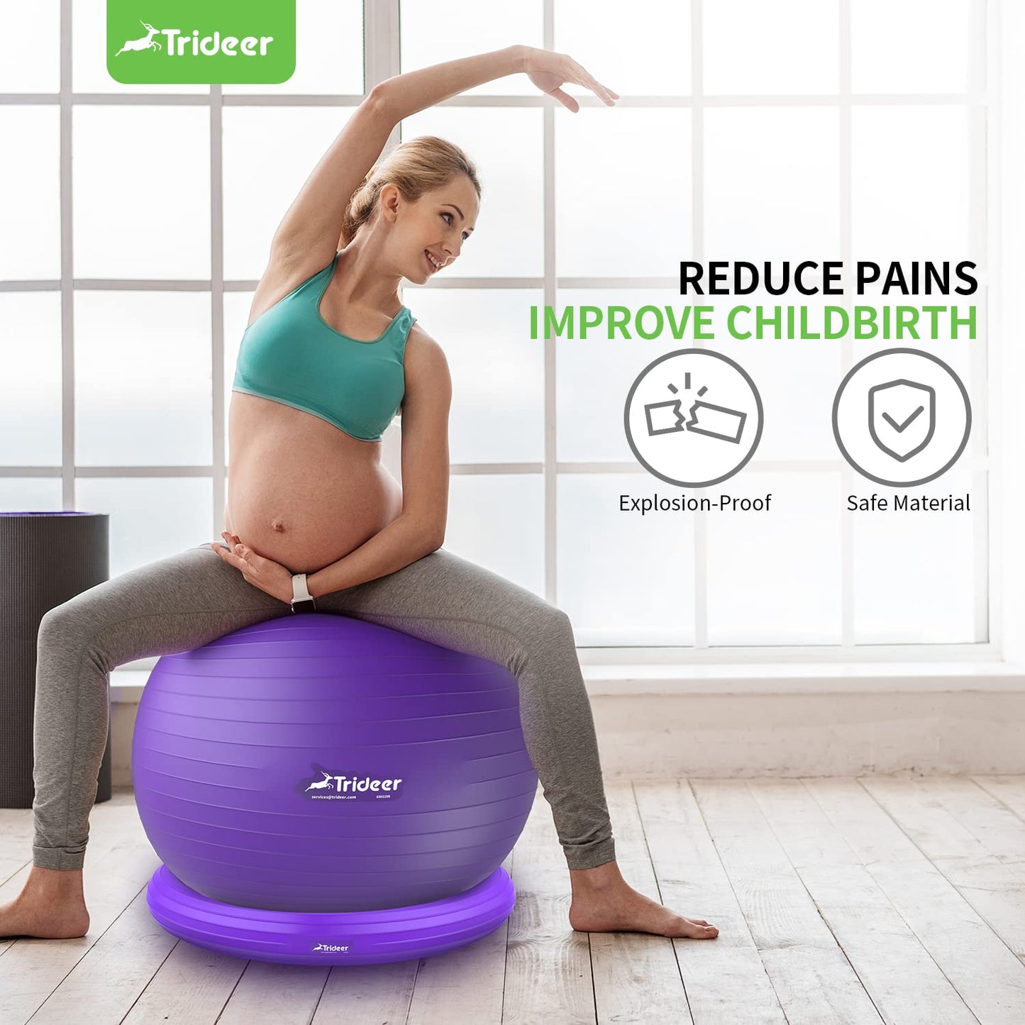 Trideer Yoga Ball Chair With Base & Bands for Home Gym Workout - Exercise Ball for Abs, Stability & Balance Seat to Relieve Back Pain (L(23-26ines/58-65cm), Purple)