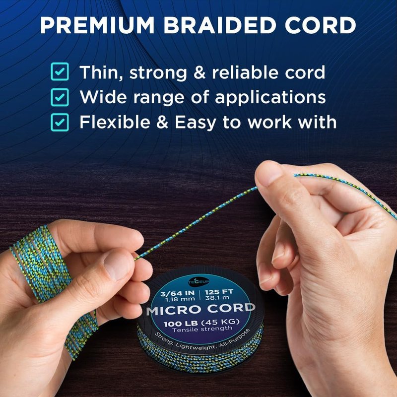 Micro Paracord Utility Cord - 1.18 mm x 125 ft Thin Braided Rope for Crafting, DIY, Fishing & Camping