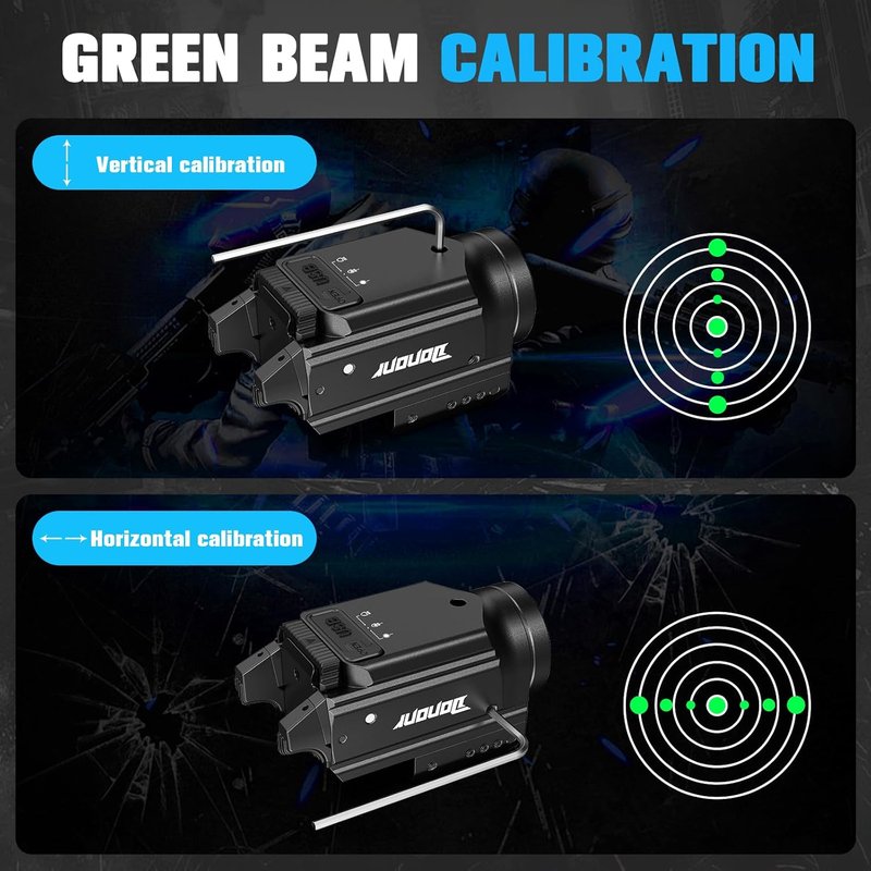 1000 Lumens Green Beam Pistol Light - Compact Tactical Flashlight with Strobe & USB Rechargeable Aluminum | Adjustable Picatinny Rail