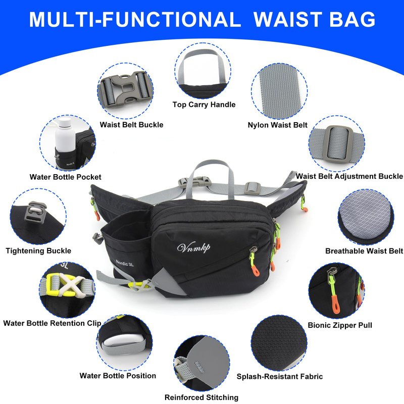Waist Pack with Water Bottle Holder for Men and Women for Running Climbing Hiking Fitness Cycling and Other Outdoor Sports Black