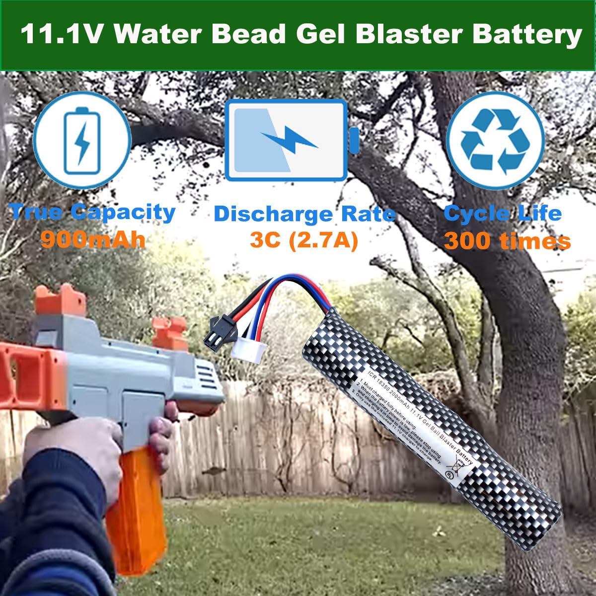 PTIJPOW Airsoft Gel Blaster Battery-11.1V 2000mAh Gel Blaster Battery with USB Charger,Rechargeable Water Bead Splatter Ball Batteries with Mini Tamiya to SM2P Charger Cable (2Pack)