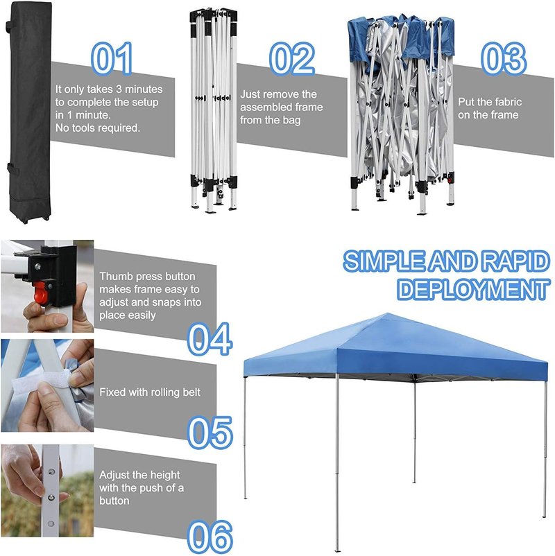 Pop Up Canopy Tent 10x10 FT - Instant Outdoor Shelter with Wheeled Carry Bag, Adjustable Height, Blue
