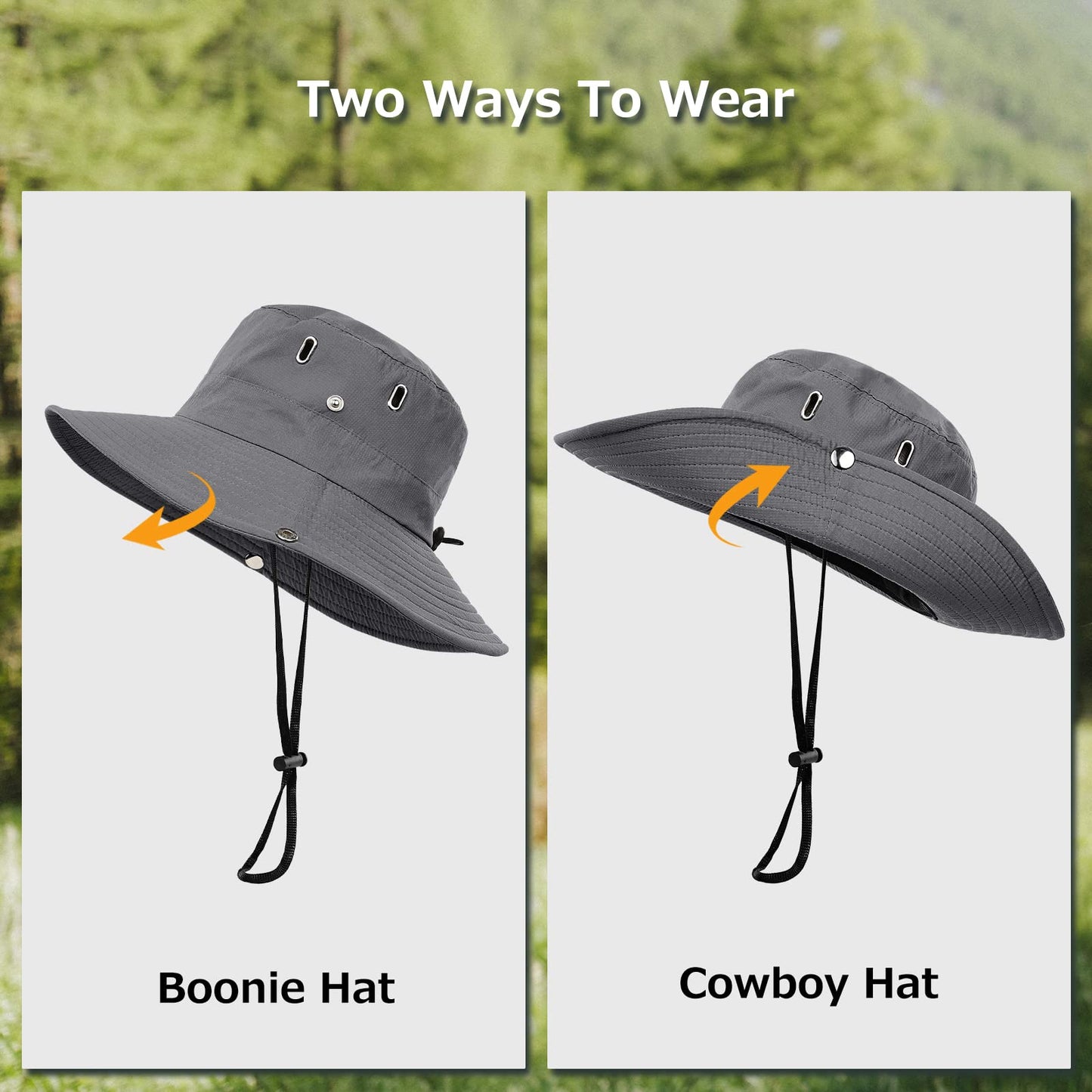 Surblue Boonie Sun Hat Wide Brim Fishing Hat with String UPF 50+ UV Protection Safari Cap Portable Bucket Hat for Men Women, Grey