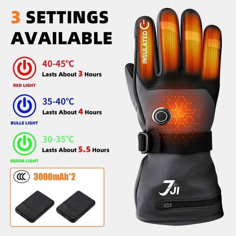 7JI Heated Gloves for Men Women, Rechargeable Heated Gloves with 3 Temperature Modes, 3000mAh Battery, Waterproof Electric Hand Warmers for Motorcycle Skiing, Camping & Hiking, Hunting, Cycling, XL