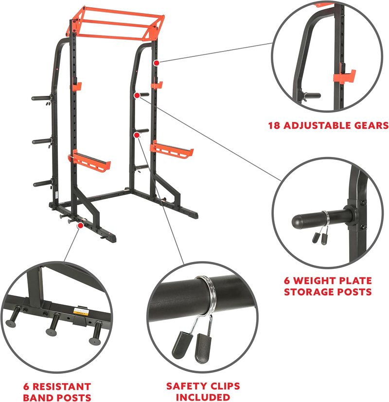 Sunny Health & Fitness Power Zone Half Rack | Heavy-Duty Performance Power Cage with Adjustable Pull-Up Bar & LAT Pull Down Attachment