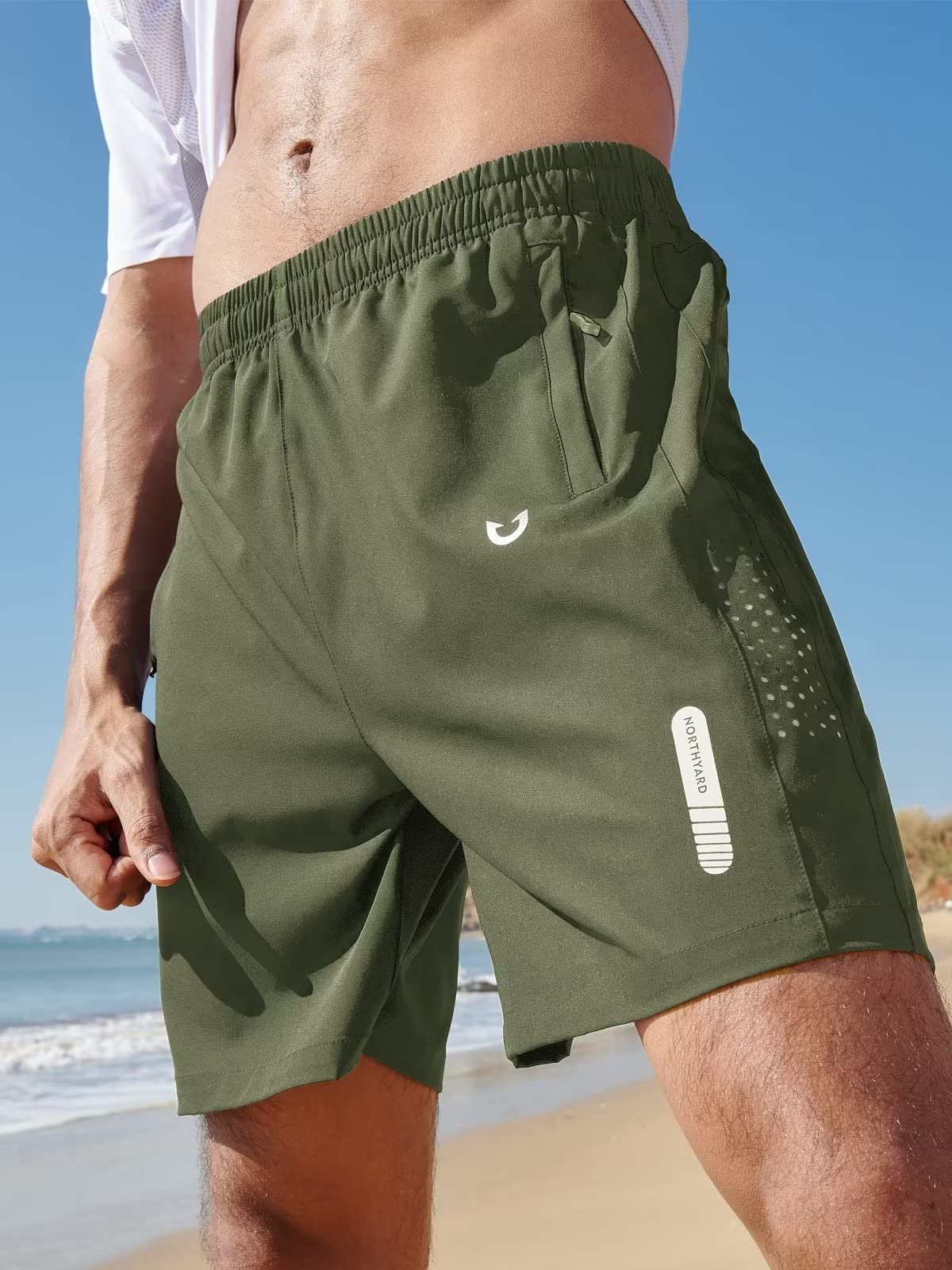 NORTHYARD Men's Athletic Running Shorts Gym Workout 7"/9"/5" Quick Dry Lightweight Sports Basketball Tennis 3 Zipper Pockets ArmyGreen L