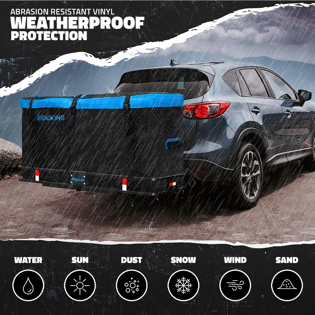 Mockins 25 Cu Ft Large Trailer Hitch Cargo Carrier Bag | 60"x24"x31" Waterproof Cargo Bag for Hitch Carrier & Truck Bed | Weatherproof Vinyl Vehicle Soft-Shell Carriers Set w/Straps, Lock & Carry Case