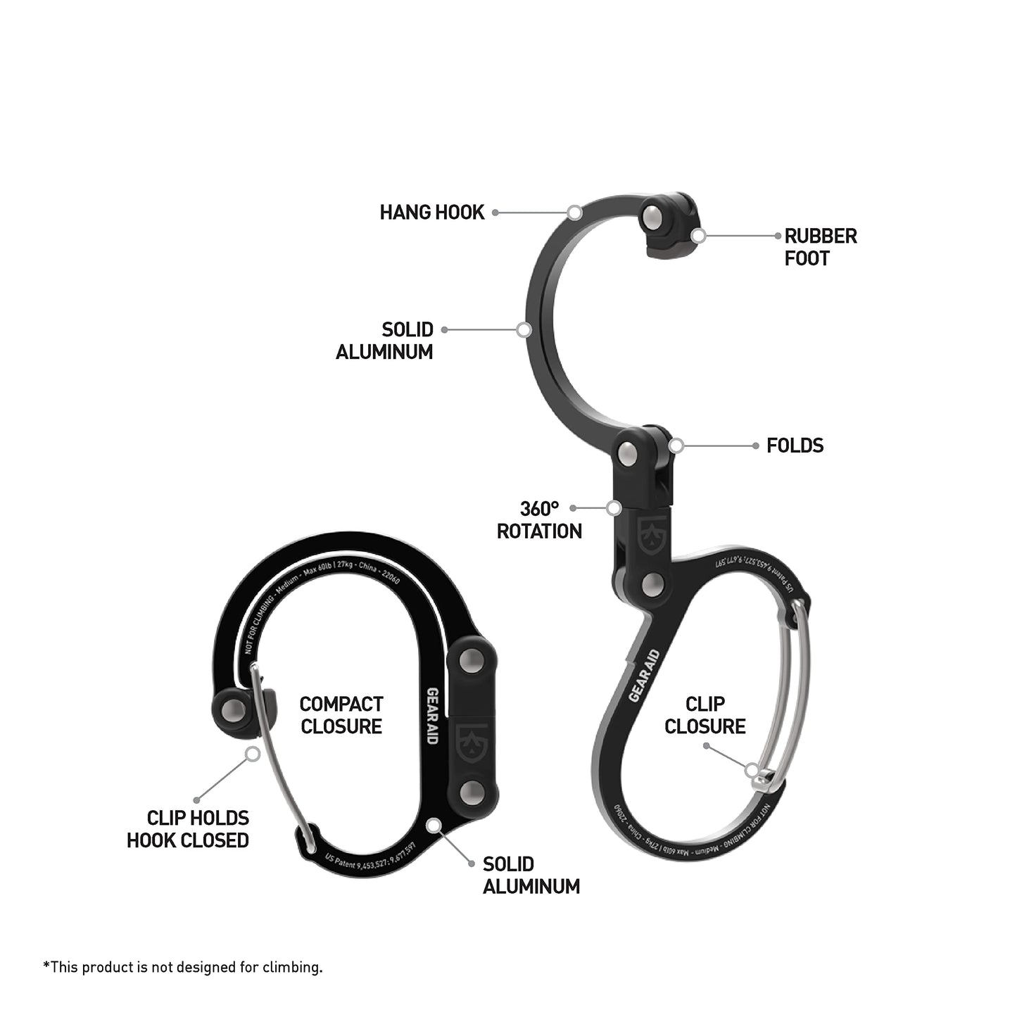 GEAR AID HEROCLIP Carabiner Gear Clip and Hook (Medium) for Camping, Backpack, and Garage Organization, Black and Gray, 1 Pack