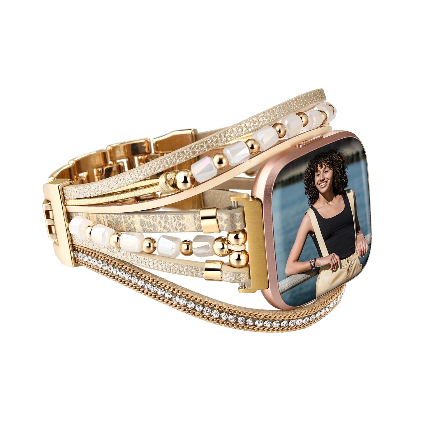 HARAVAL Leather Beaded Bracelet Compatible with Fitbit Versa 4/Versa 3 Bands/Sense 2/Sense Bands for Women Men, Cute Handmade Multilayer Wrap Boho Strap for Fitbit Smartwatch, Gold