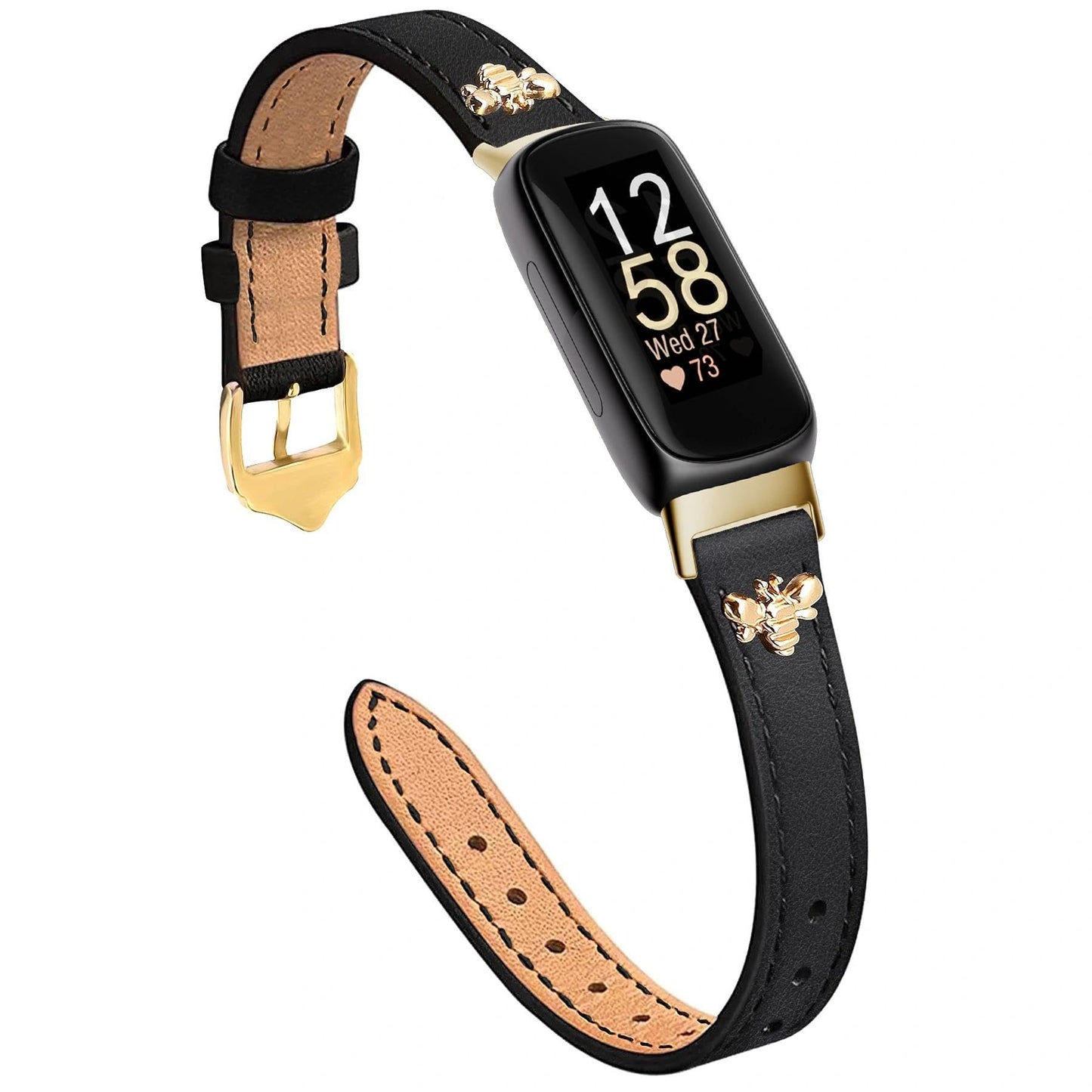 EVPLNT Slim Leather Bands Compatible with fitbit inspire 3 bands, Charms, Feminine Design for fitbit inspire 3 (Black/Gold)